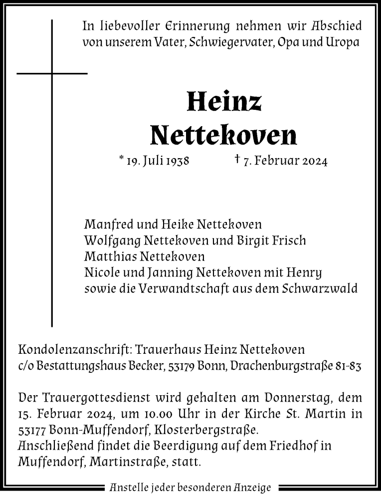 Traueranzeige für Heinz Nettekoven vom 10.02.2024 aus General-Anzeiger Bonn