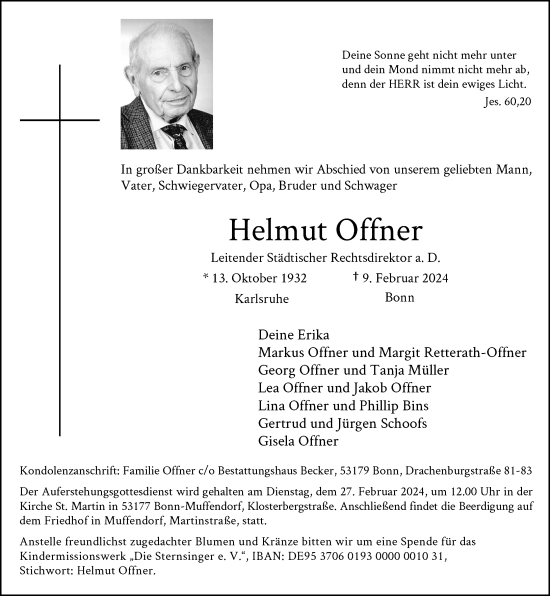 Anzeige von Helmut Offner von General-Anzeiger Bonn