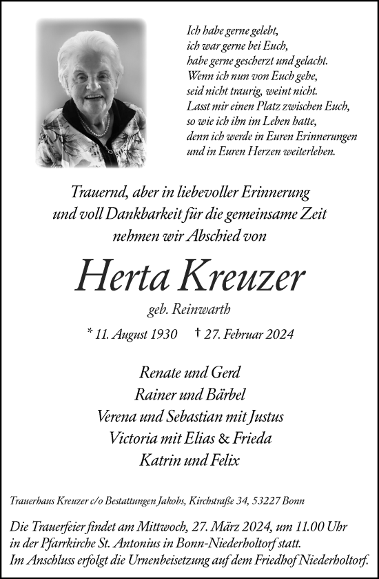 Anzeige von Herta Kreuzer von General-Anzeiger Bonn