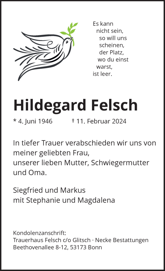 Anzeige von Hildegard Felsch von General-Anzeiger Bonn