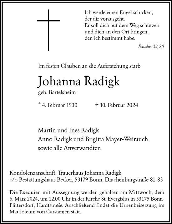Anzeige von Johanna Radigk von General-Anzeiger Bonn