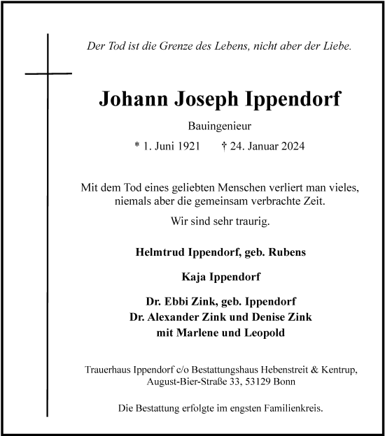 Anzeige von Johann Joseph Ippendorf von General-Anzeiger Bonn