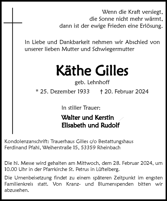 Anzeige von Käthe Gilles von General-Anzeiger Bonn