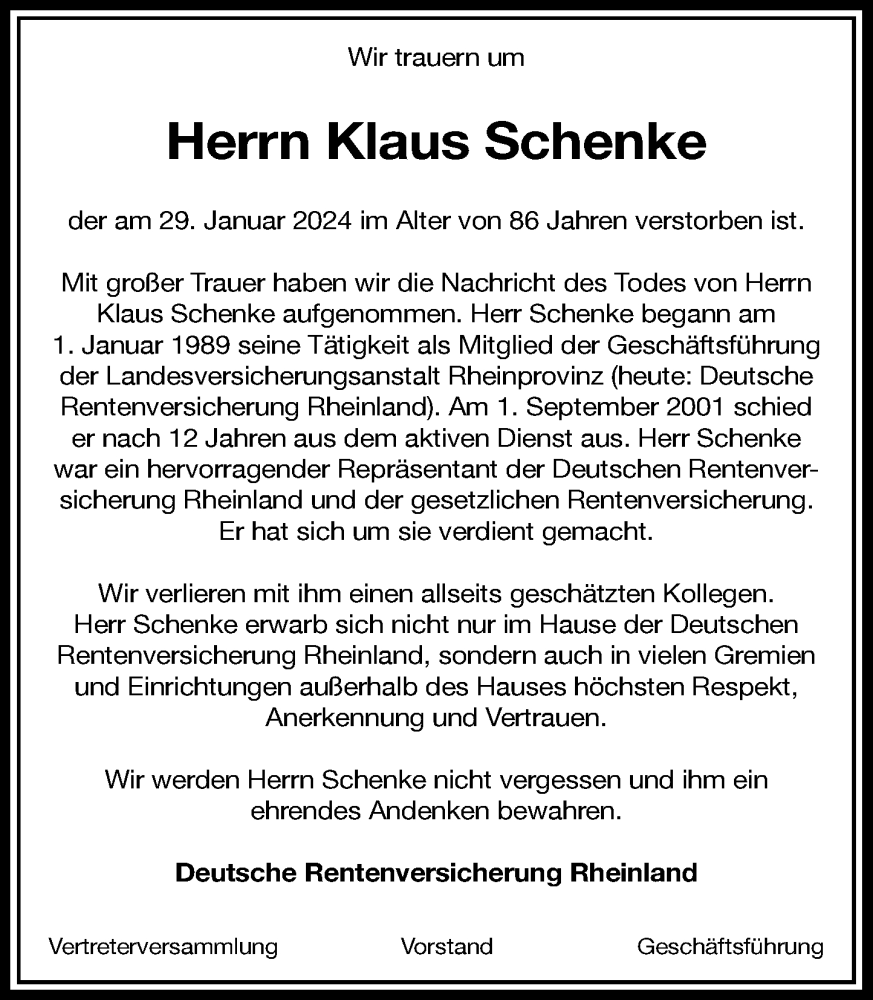  Traueranzeige für Klaus Schenke vom 10.02.2024 aus General-Anzeiger Bonn