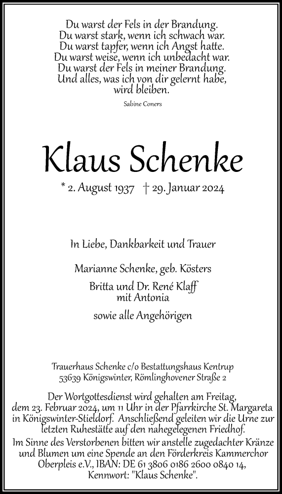  Traueranzeige für Klaus Schenke vom 17.02.2024 aus General-Anzeiger Bonn