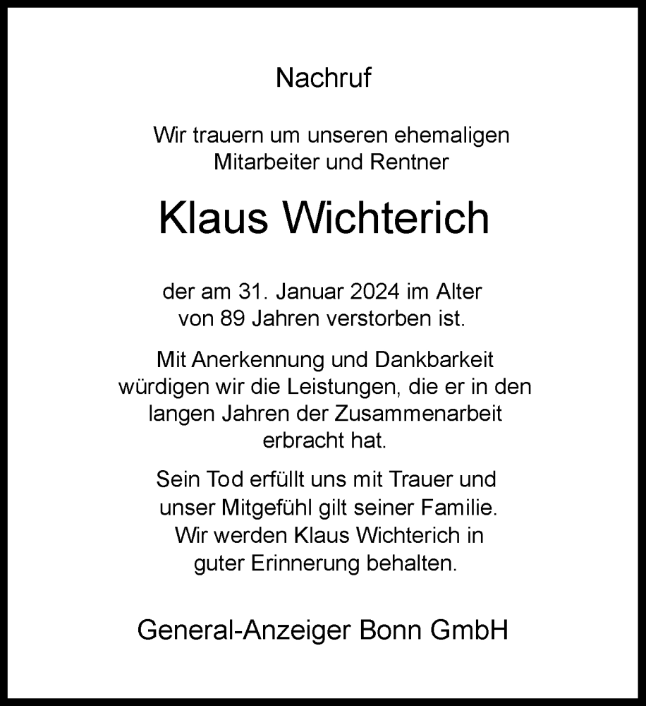  Traueranzeige für Klaus Wichterich vom 17.02.2024 aus General-Anzeiger Bonn