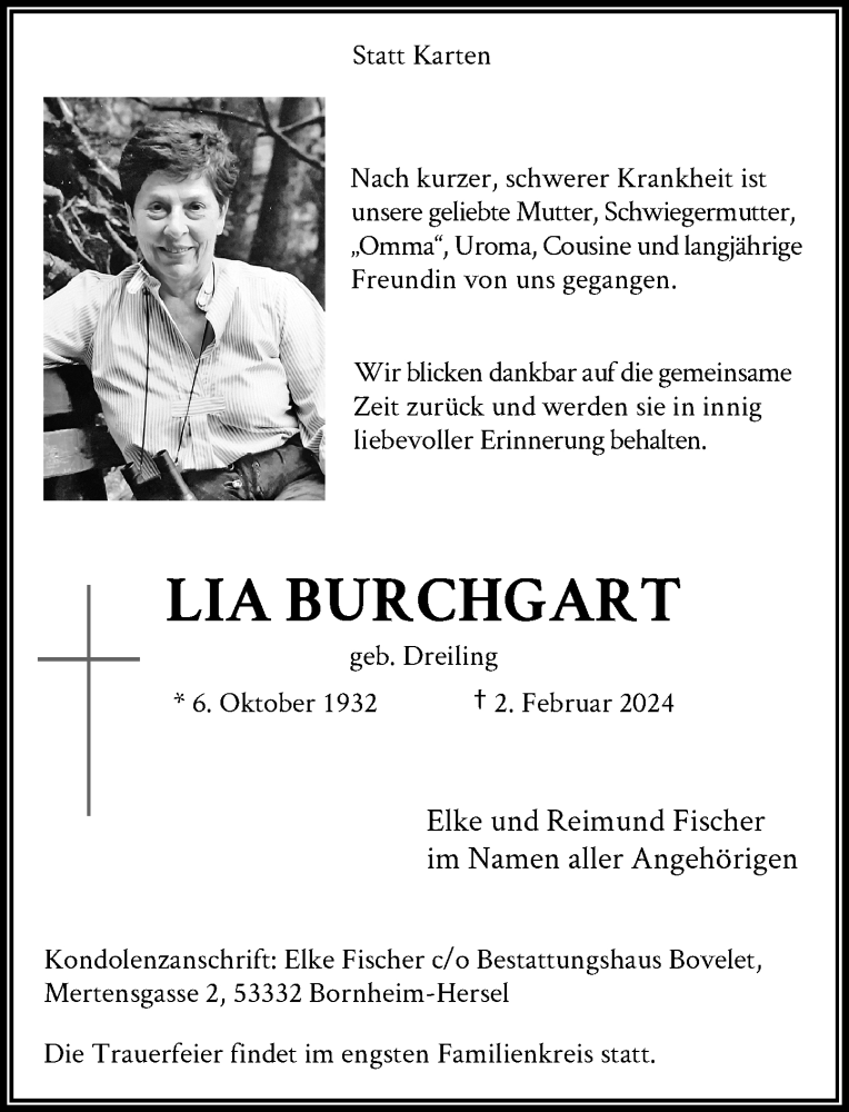  Traueranzeige für Lia Burchgart vom 10.02.2024 aus General-Anzeiger Bonn