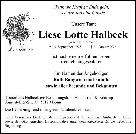 Anzeige von Liese Lotte Halbeck von General-Anzeiger Bonn