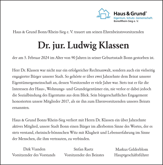 Anzeige von Ludwig Klassen von General-Anzeiger Bonn