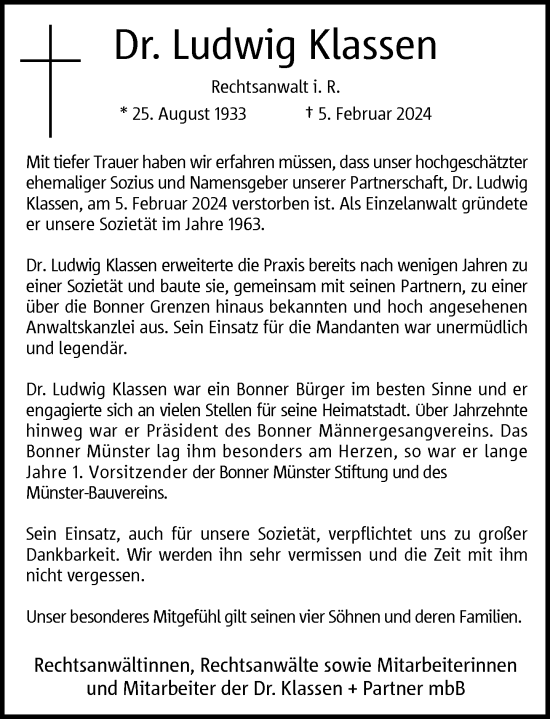 Anzeige von Ludwig Klassen von General-Anzeiger Bonn