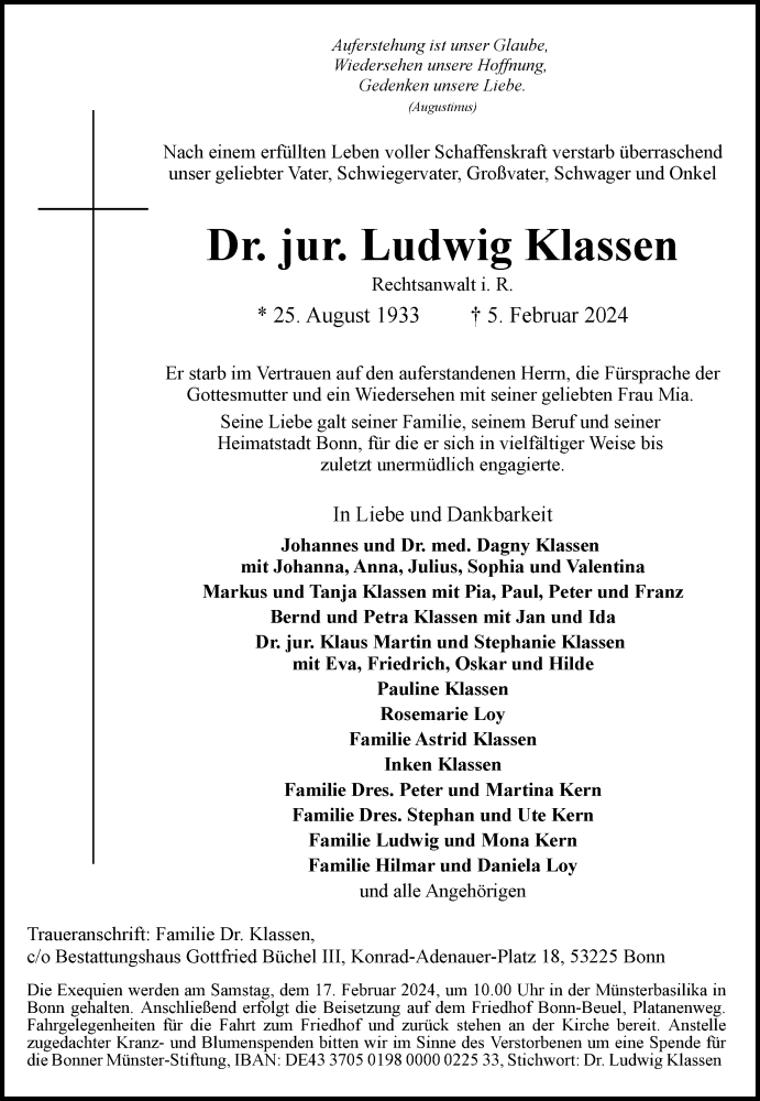  Traueranzeige für Ludwig Klassen vom 10.02.2024 aus General-Anzeiger Bonn