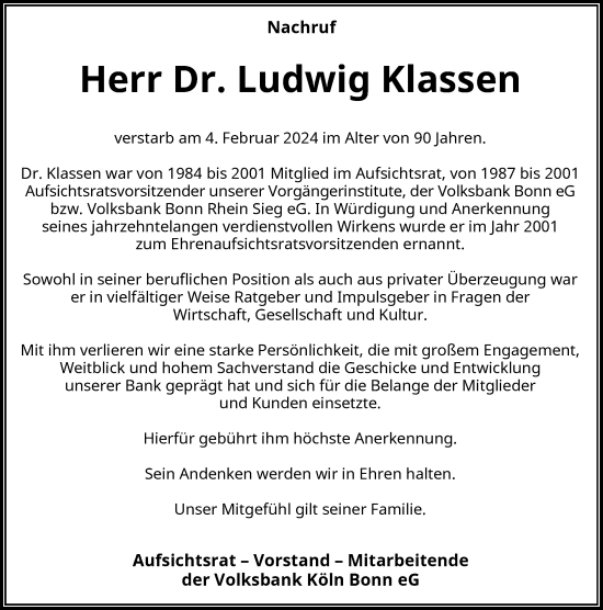 Anzeige von Ludwig Klassen von General-Anzeiger Bonn