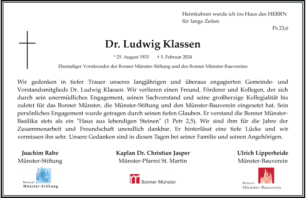  Traueranzeige für Ludwig Klassen vom 17.02.2024 aus General-Anzeiger Bonn