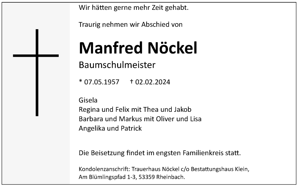  Traueranzeige für Manfred Nöckel vom 10.02.2024 aus General-Anzeiger Bonn
