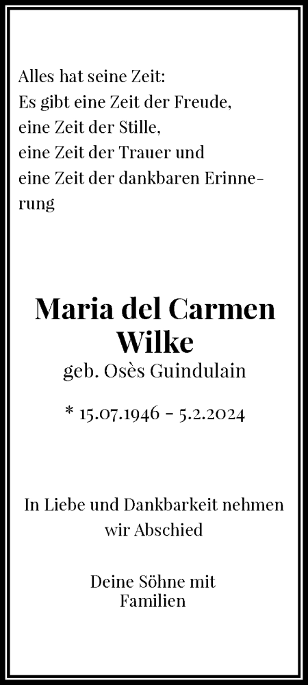  Traueranzeige für Maria del Carmen Wilke vom 10.02.2024 aus General-Anzeiger Bonn