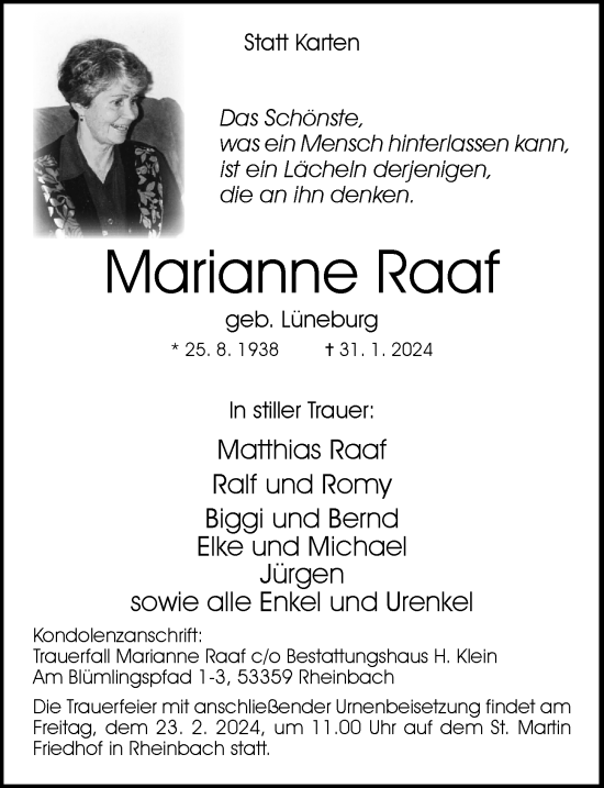 Anzeige von Marianne Raaf von General-Anzeiger Bonn
