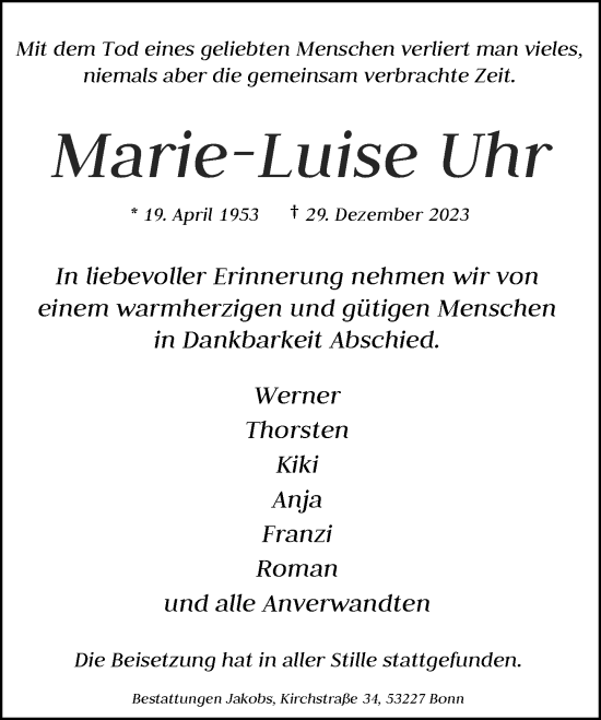 Anzeige von Marie-Luise Uhr von General-Anzeiger Bonn