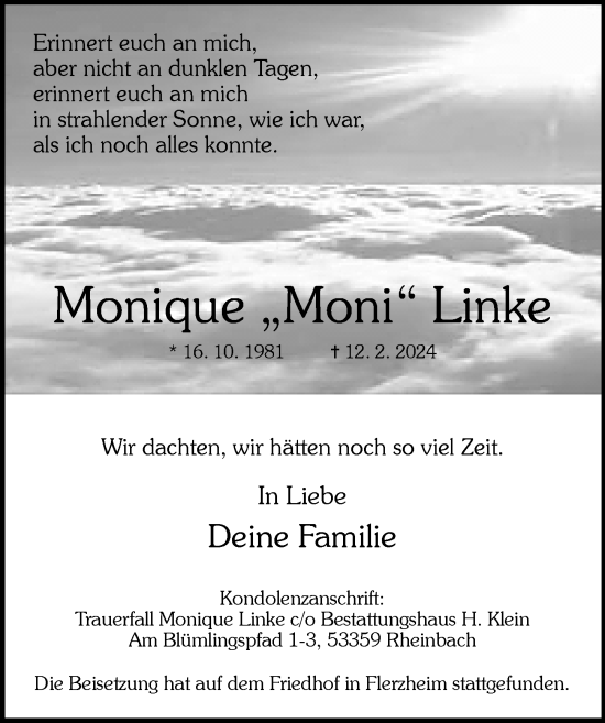 Anzeige von Monique Linke von General-Anzeiger Bonn