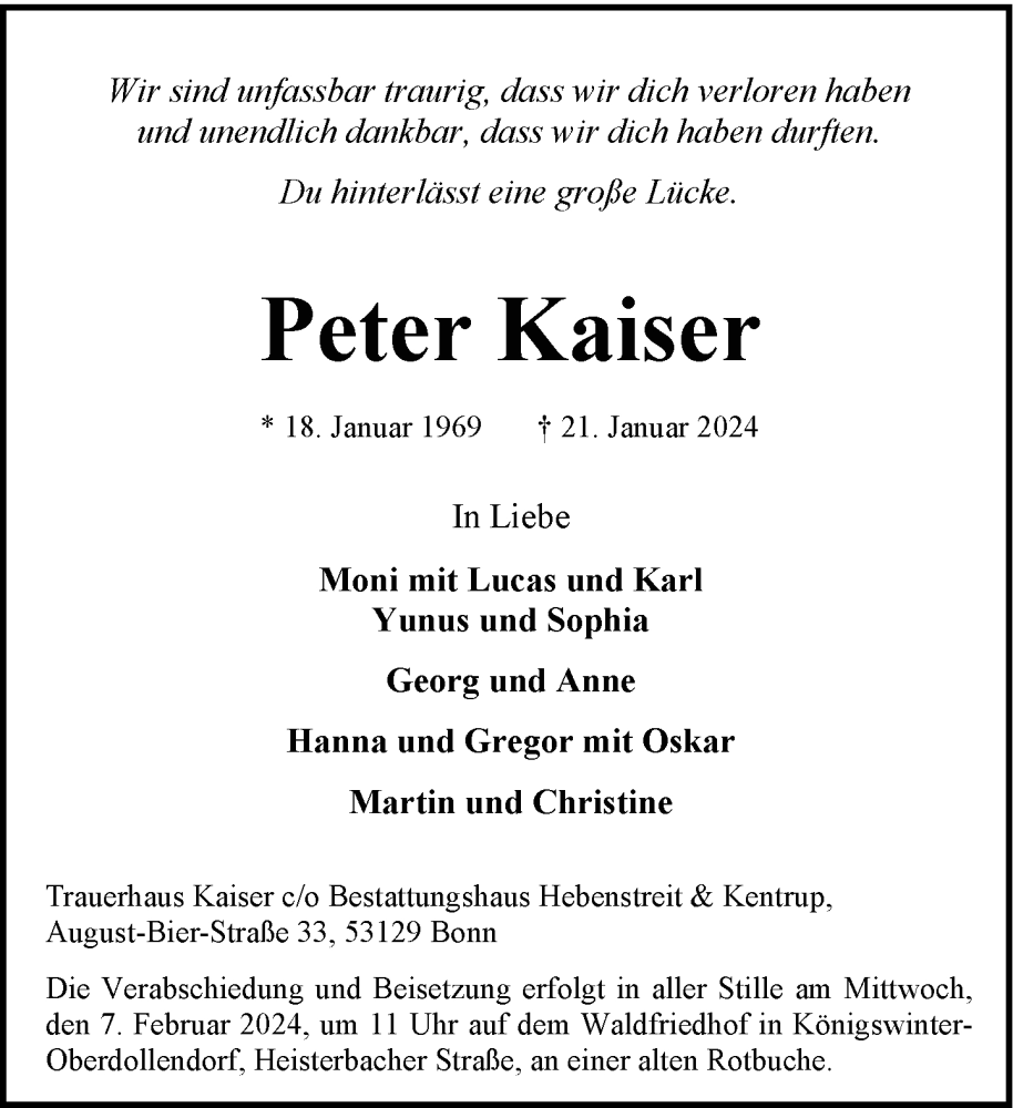  Traueranzeige für Peter Kaiser vom 03.02.2024 aus General-Anzeiger Bonn