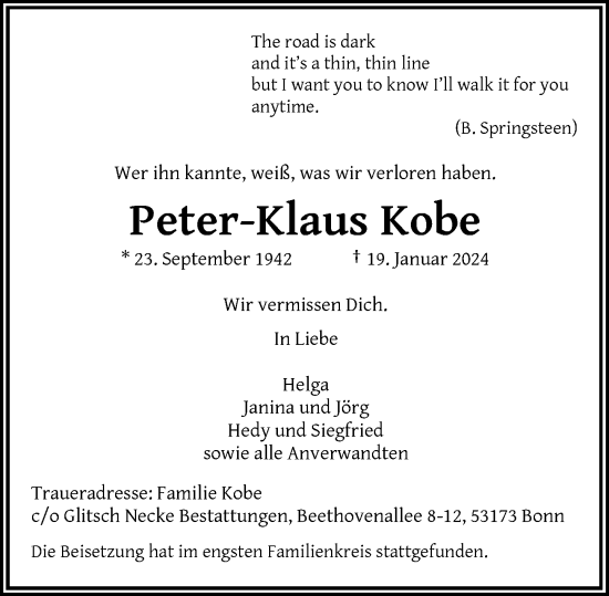 Anzeige von Peter-Klaus Kobe von General-Anzeiger Bonn