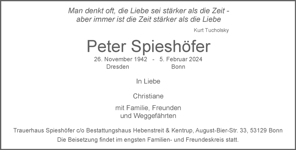  Traueranzeige für Peter Spieshöfer vom 10.02.2024 aus General-Anzeiger Bonn