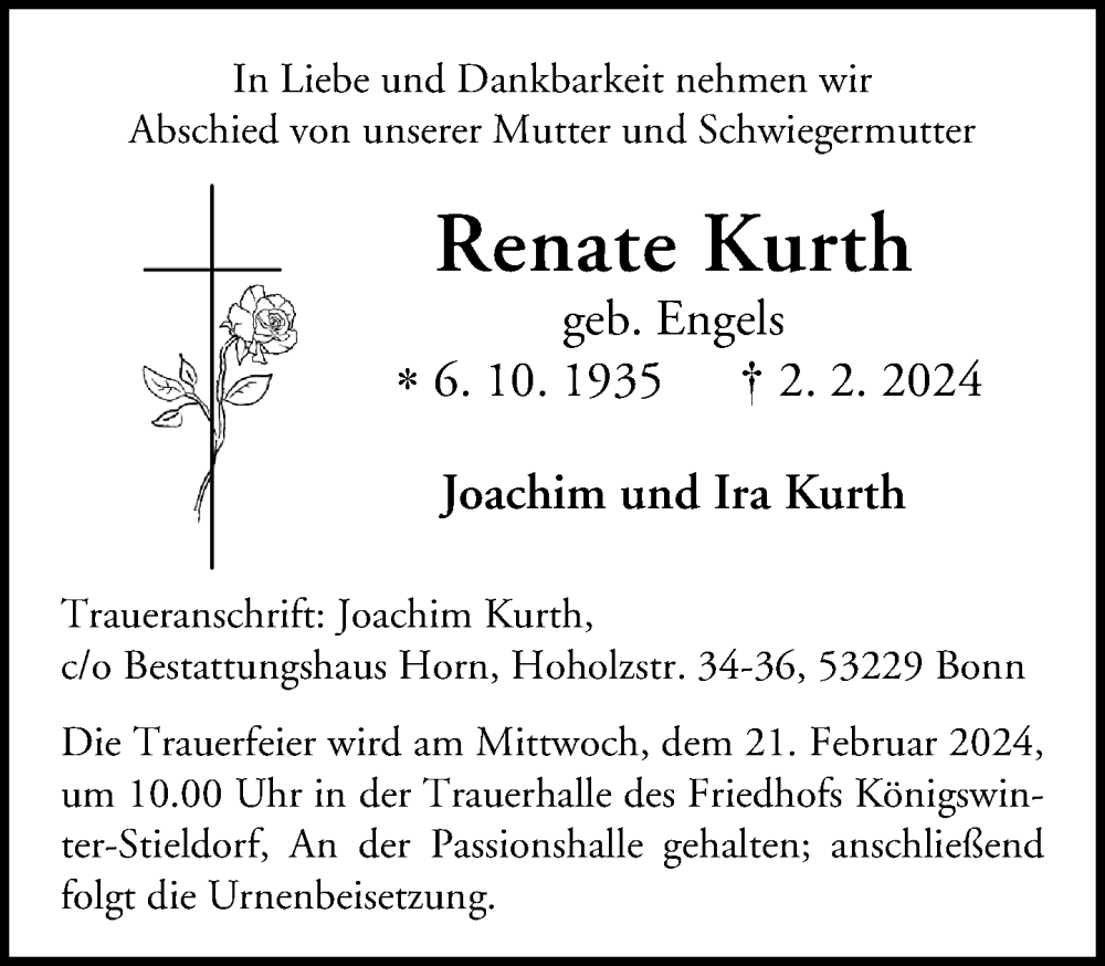  Traueranzeige für Renate Kurth vom 10.02.2024 aus General-Anzeiger Bonn