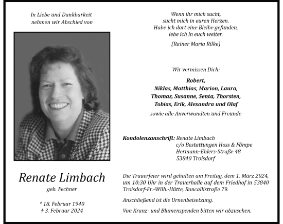 Anzeige von Renate Limbach von General-Anzeiger Bonn
