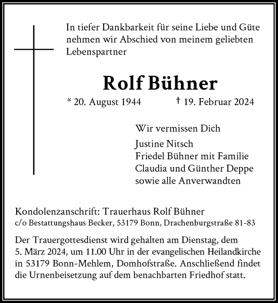 Anzeige von Rolf Bühner von General-Anzeiger Bonn