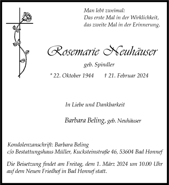 Anzeige von Rosemarie Neuhäuser von General-Anzeiger Bonn