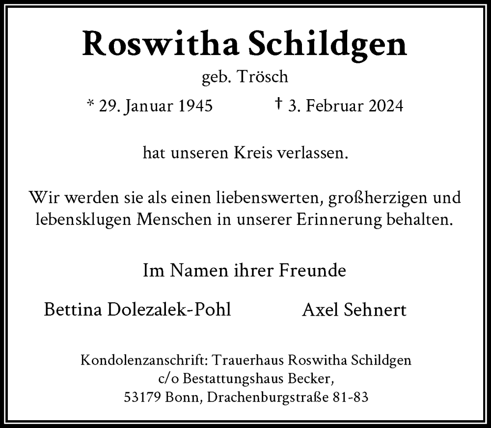  Traueranzeige für Roswitha Schildgen vom 10.02.2024 aus General-Anzeiger Bonn