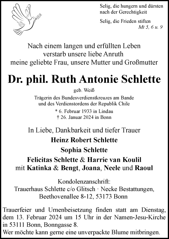 Anzeige von Ruth Antonie Schlette von General-Anzeiger Bonn