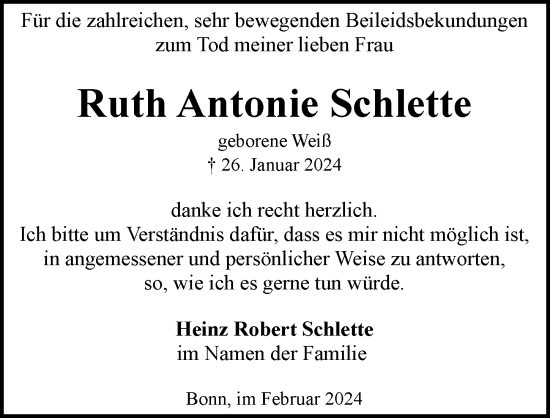 Anzeige von Ruth Antonie Schlette von General-Anzeiger Bonn