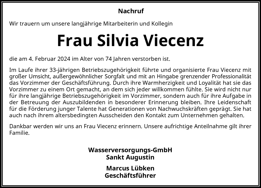 Traueranzeige für Silvia Viecenz vom 10.02.2024 aus General-Anzeiger Bonn