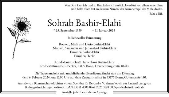 Anzeige von Sohrab Bashir-Elahi von General-Anzeiger Bonn