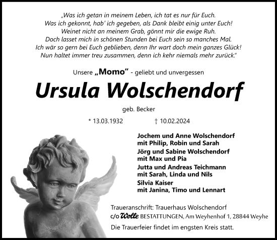 Anzeige von Ursula Wolschendorf von General-Anzeiger Bonn