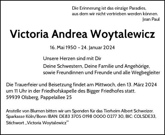 Anzeige von Victoria  Woytalewicz von General-Anzeiger Bonn