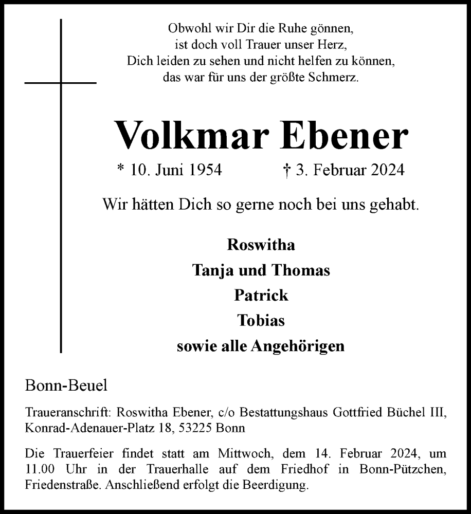 Traueranzeige für Volkmar Ebener vom 10.02.2024 aus General-Anzeiger Bonn