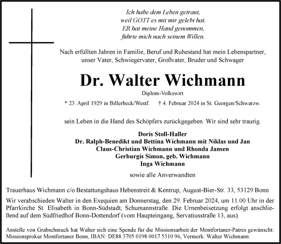 Anzeige von Walter Wichmann von General-Anzeiger Bonn