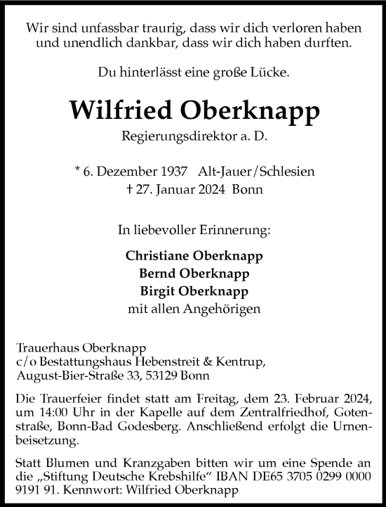 Anzeige von Wilfried Oberknapp von General-Anzeiger Bonn