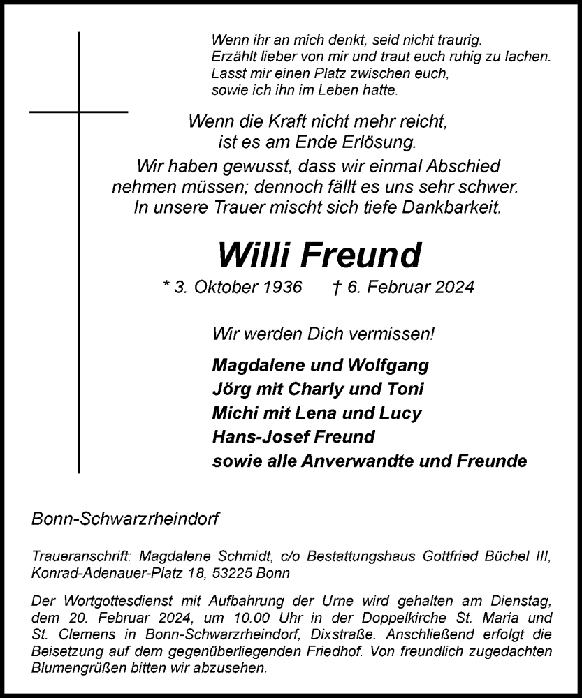  Traueranzeige für Willi Freund vom 10.02.2024 aus General-Anzeiger Bonn