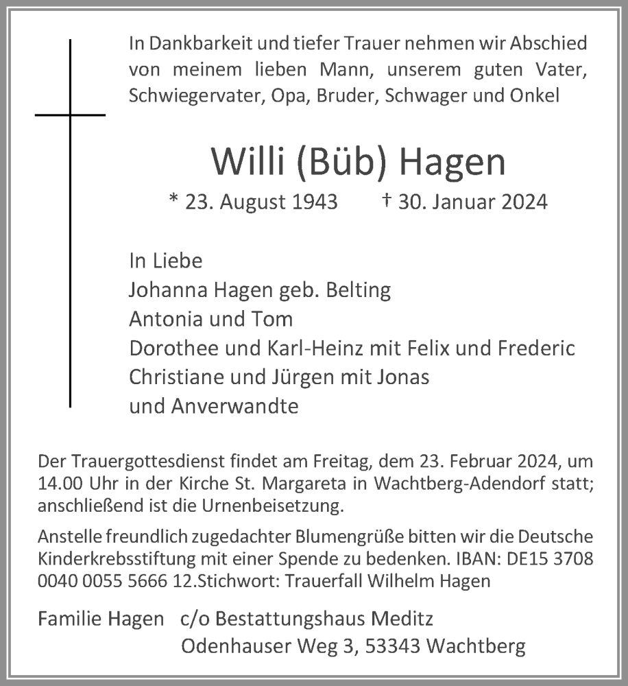  Traueranzeige für Willi  Hagen vom 10.02.2024 aus General-Anzeiger Bonn