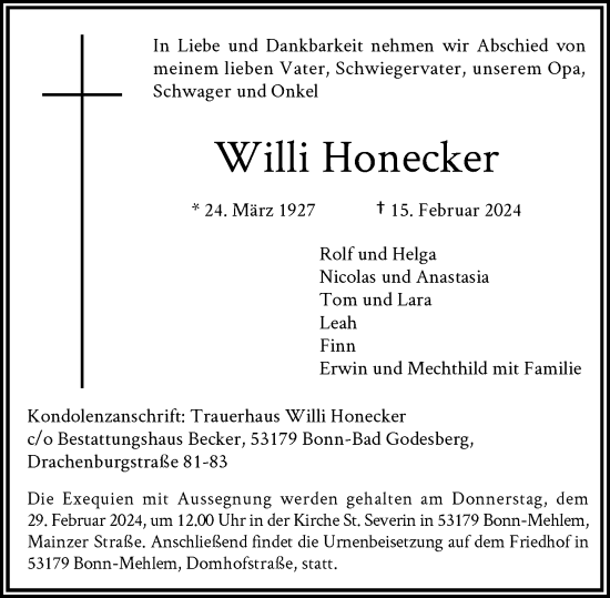 Anzeige von Willi Honecker von General-Anzeiger Bonn