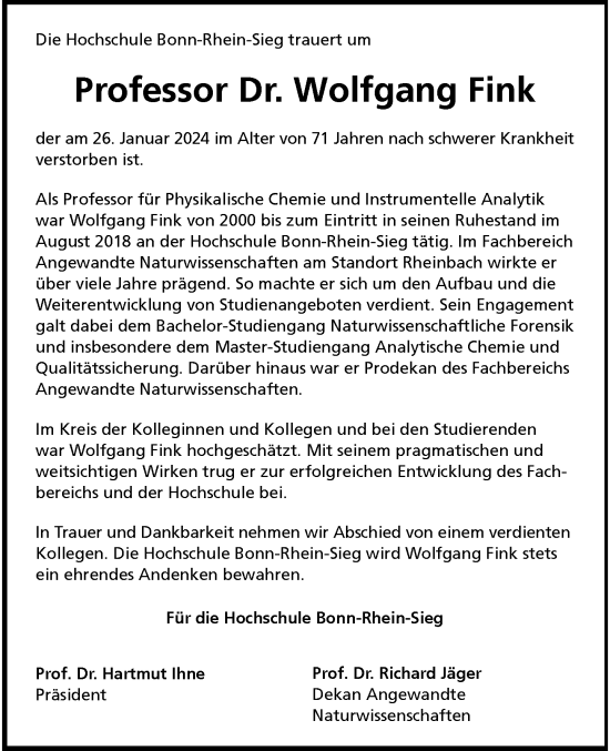 Anzeige von Wolfgang Fink von General-Anzeiger Bonn