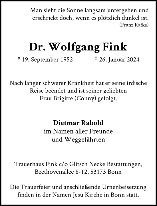 Anzeige von Wolfgang Fink von General-Anzeiger Bonn