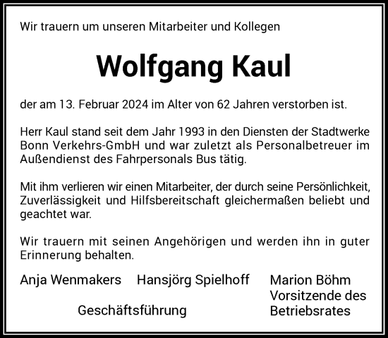 Anzeige von Wolfgang Kaul von General-Anzeiger Bonn