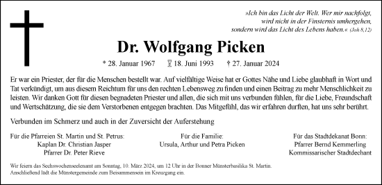 Anzeige von Wolfgang Picken von General-Anzeiger Bonn
