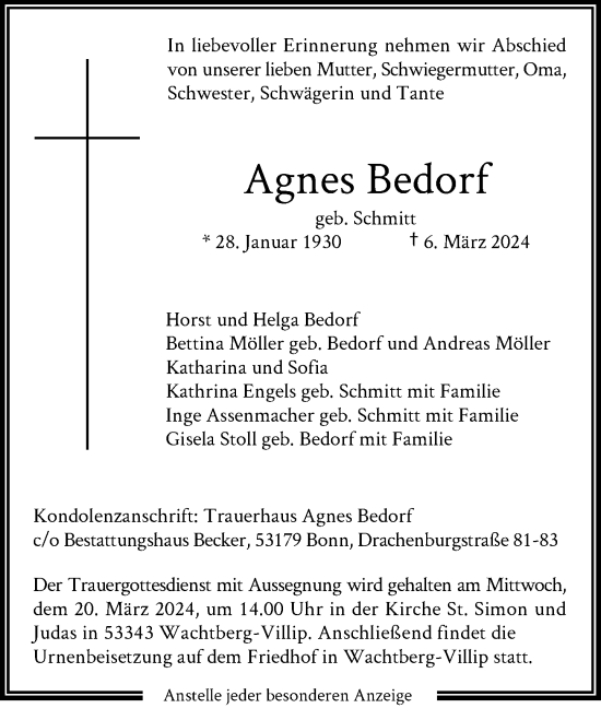 Anzeige von Agnes Bedorf von General-Anzeiger Bonn