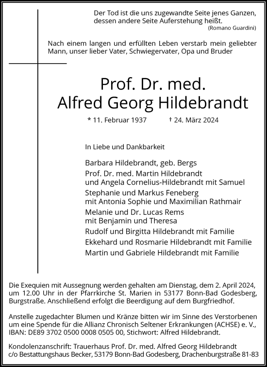 Anzeige von Alfred Georg Hildebrandt von General-Anzeiger Bonn