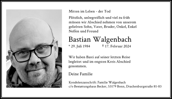 Anzeige von Bastian Walgenbach von General-Anzeiger Bonn