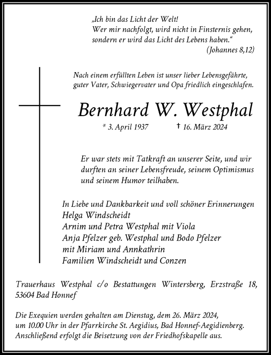 Anzeige von Bernhard Westphal von General-Anzeiger Bonn